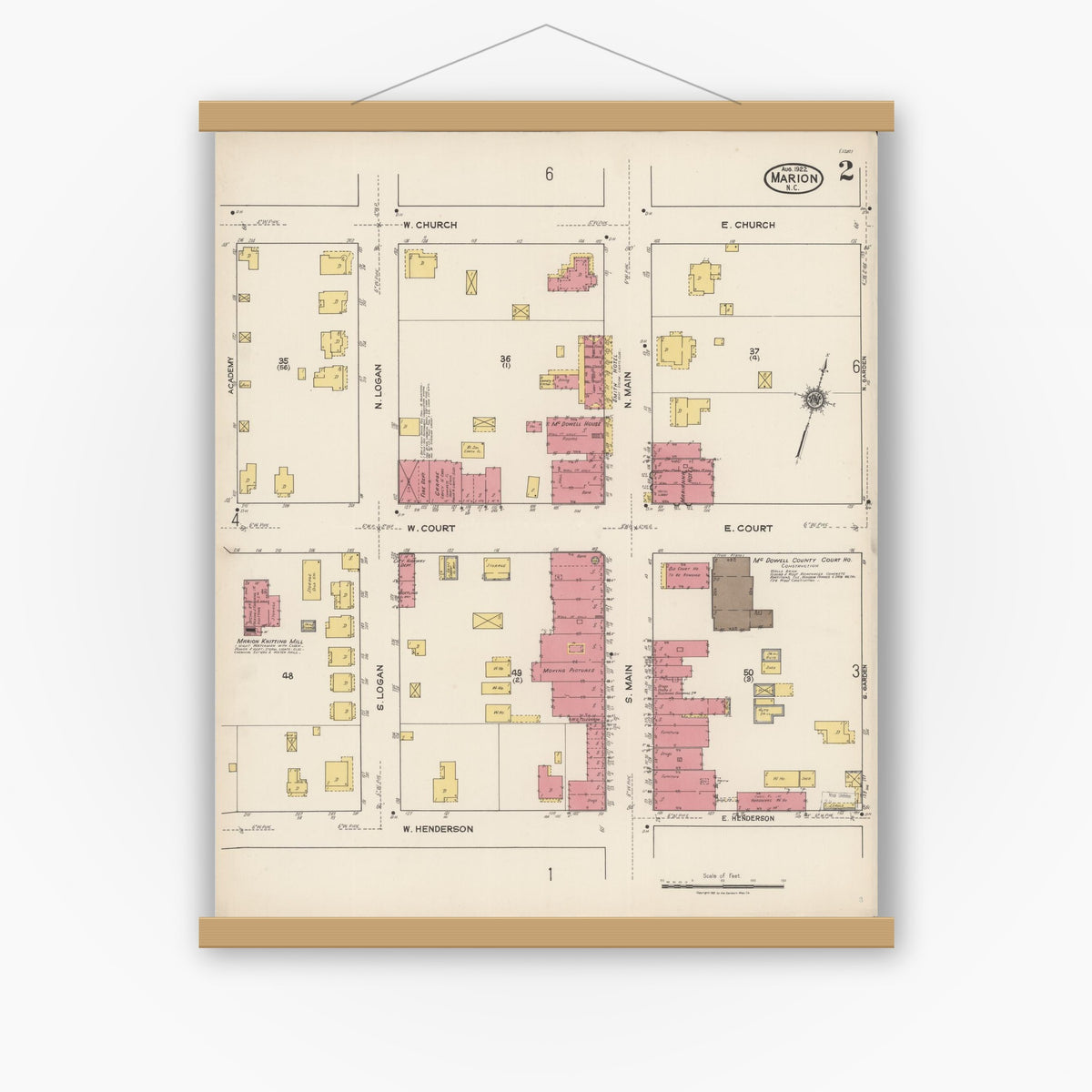 Old map wall art mockup — magnetic wood frame on white wall — Sanborn Fire Insurance Map from Marion, Mcdowell County, North Carolina (1922), Sheet #0002