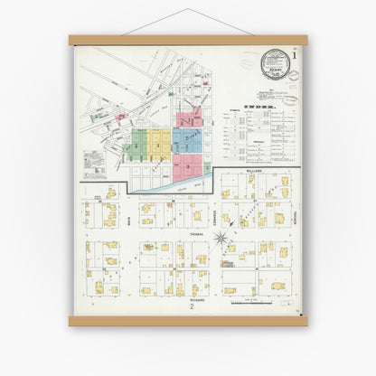 Old map wall art mockup — magnetic wood frame on white wall — Sanborn Fire Insurance Map from Henry, Marshall County, Illinois (1899), Sheet #0001