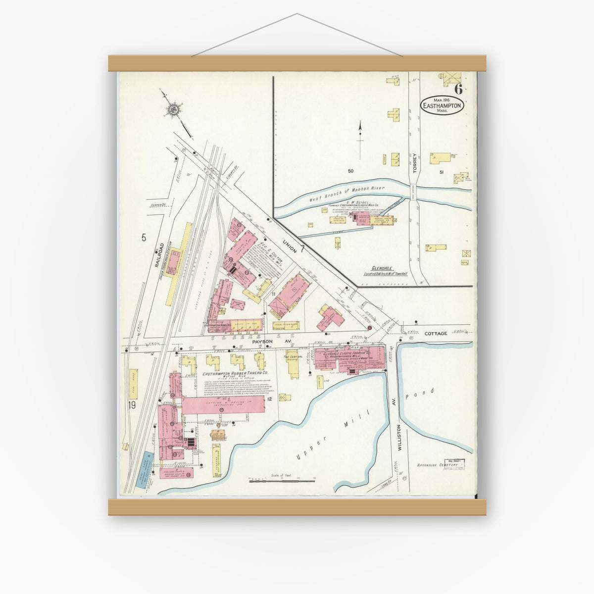 Old map wall art mockup — magnetic wood frame on white wall — Sanborn Fire Insurance Map from East Hampton, Hampshire County, Massachusetts (1916), Sheet #0006