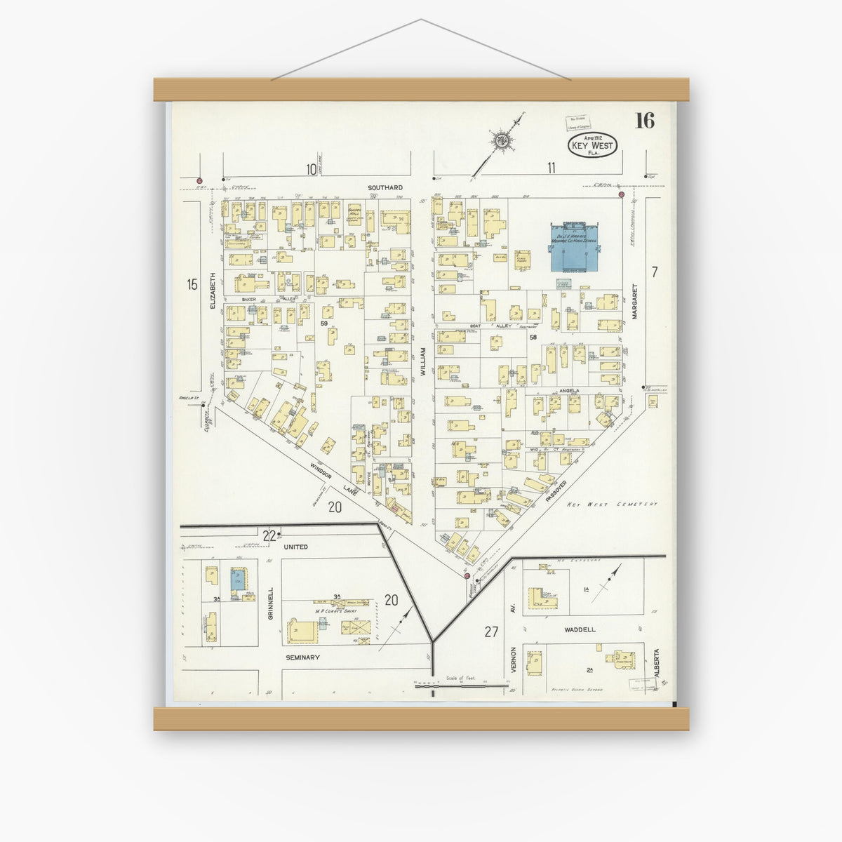 Old map wall art mockup — magnetic wood frame on white wall — Sanborn Fire Insurance Map from Key West, Monroe County, Florida (1912), Sheet #0016