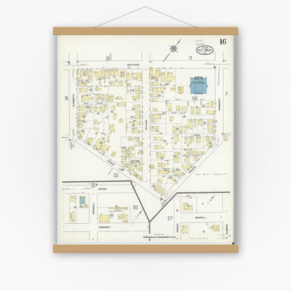 Old map wall art mockup — magnetic wood frame on white wall — Sanborn Fire Insurance Map from Key West, Monroe County, Florida (1912), Sheet #0016