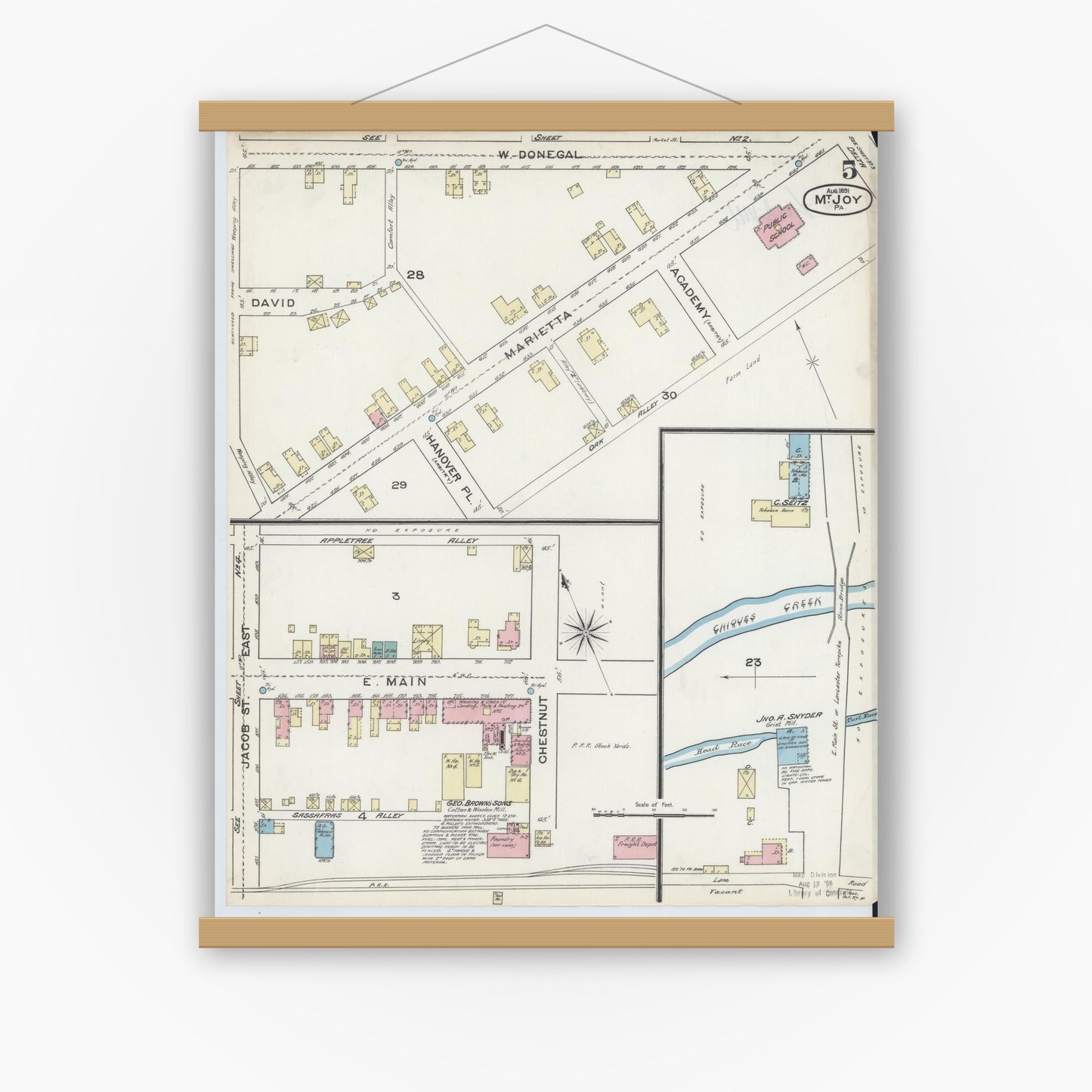 Old map wall art mockup — magnetic wood frame on white wall — Sanborn Fire Insurance Map from Mount Joy, Lancaster County, Pennsylvania (1891), Sheet #0005