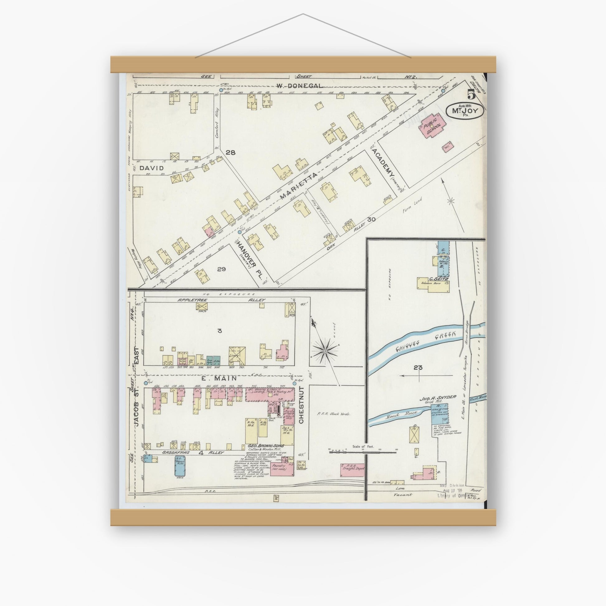 Old map wall art mockup — magnetic wood frame on white wall — Sanborn Fire Insurance Map from Mount Joy, Lancaster County, Pennsylvania (1891), Sheet #0005