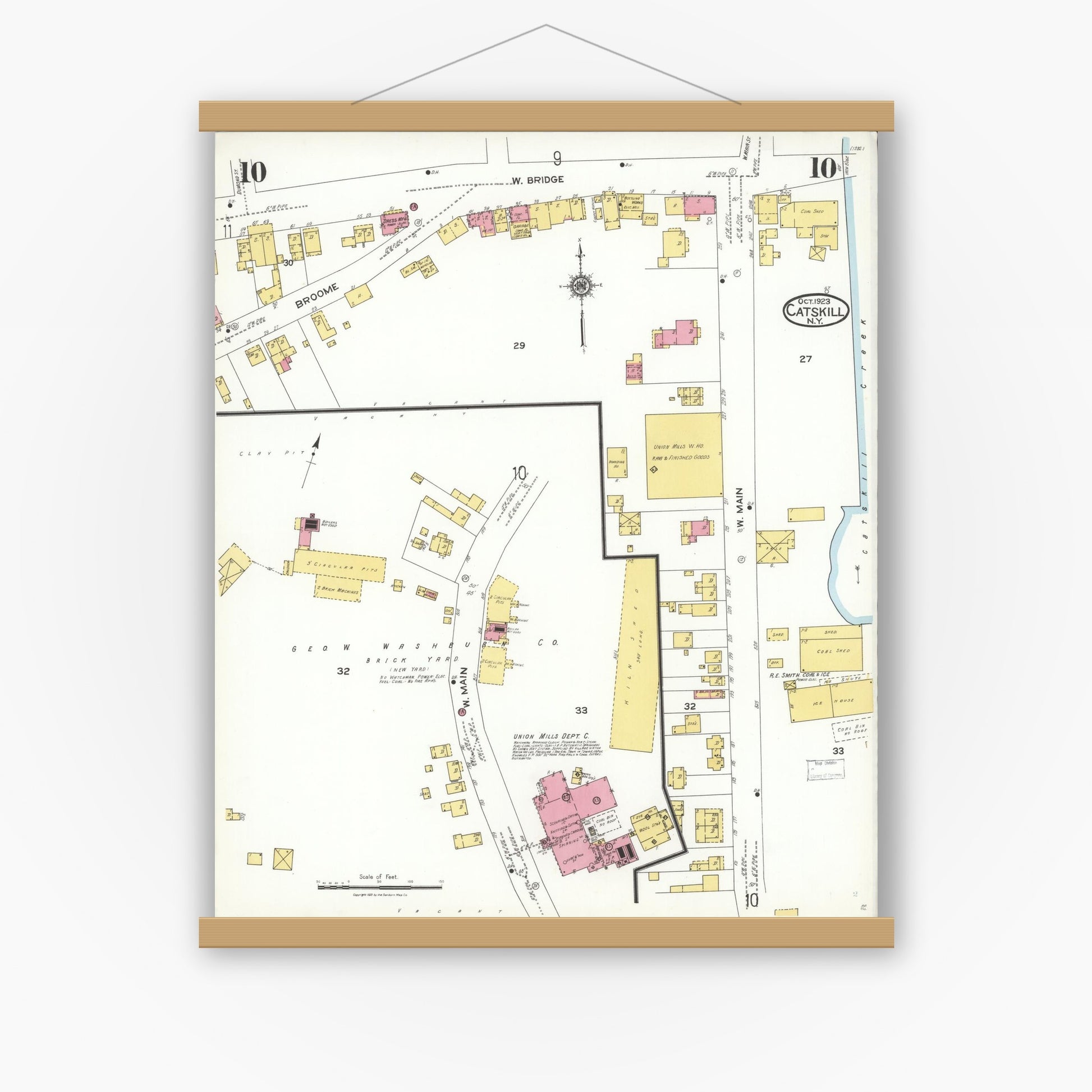 Old map wall art mockup — magnetic wood frame on white wall — Sanborn Fire Insurance Map from Catskill, Greene County, New York (1923), Sheet #0010