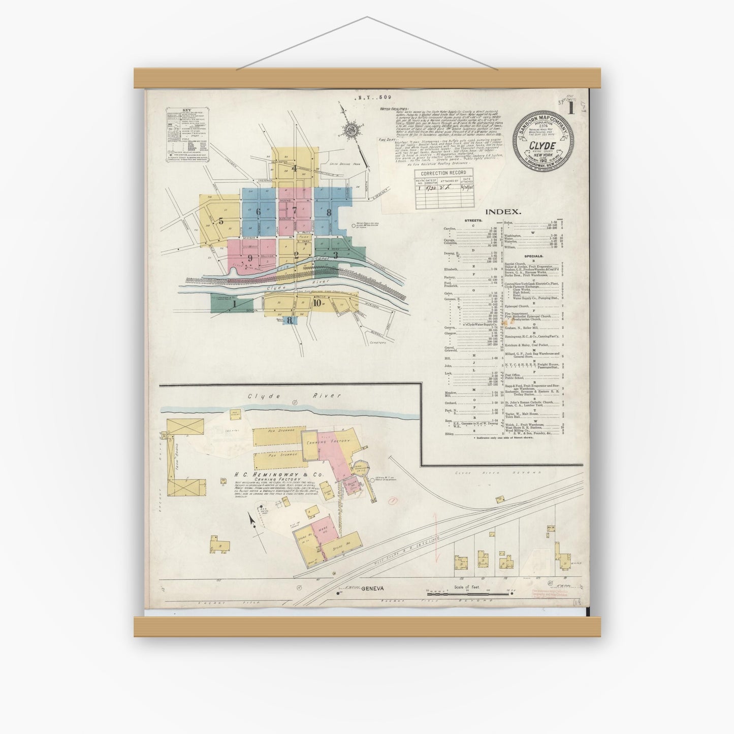 Old map wall art mockup — magnetic wood frame on white wall — Sanborn Fire Insurance Map from Clyde, Wayne County, New York (1932) - Complete Map Set