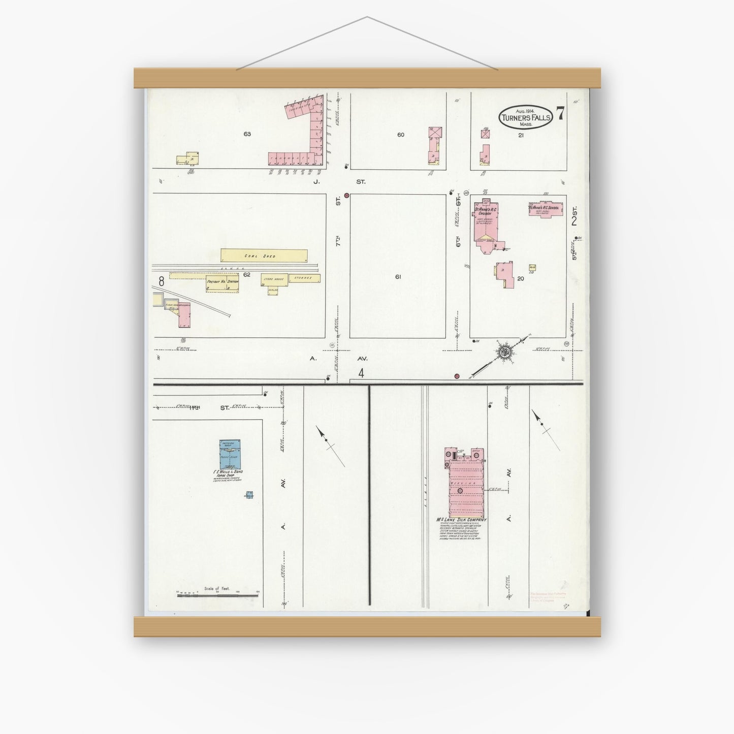 Old map wall art mockup — magnetic wood frame on white wall — Sanborn Fire Insurance Map from Turners Falls, Franklin County, Massachusetts (1914), Sheet #0007