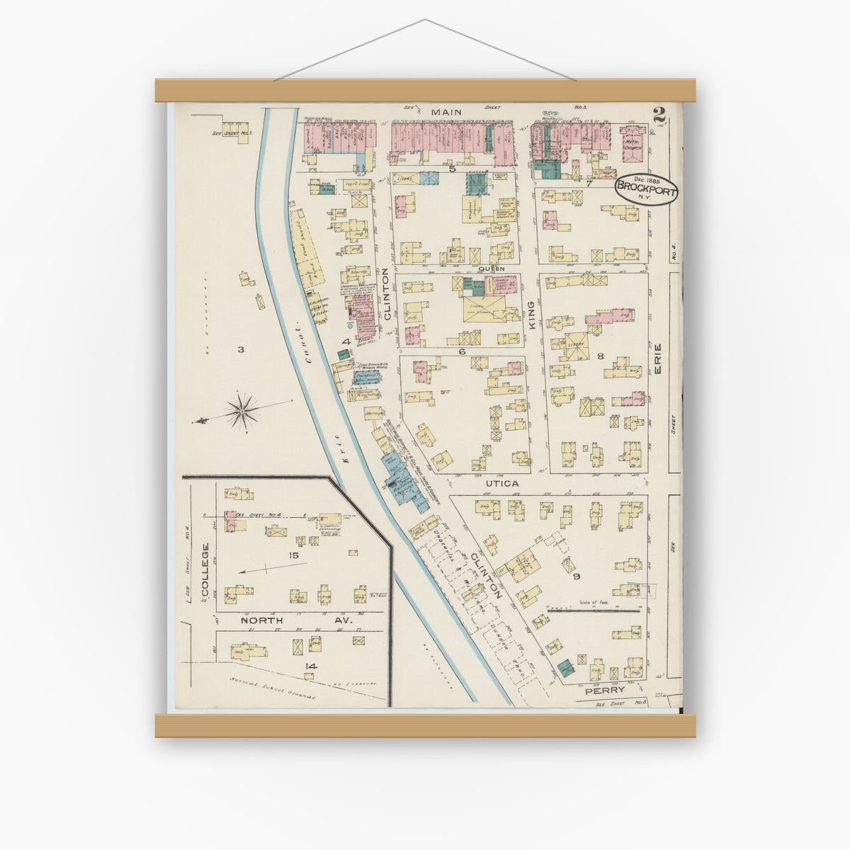 Old map wall art mockup — magnetic wood frame on white wall — Sanborn Fire Insurance Map from Brockport, Monroe County, New York (1885) - Complete Map Set