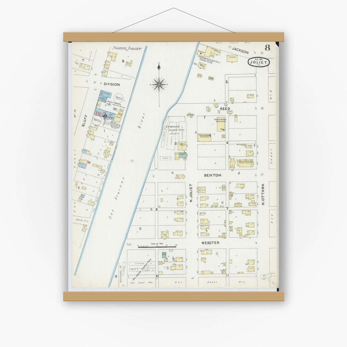 Old map wall art mockup — magnetic wood frame on white wall — Sanborn Fire Insurance Map from Joliet, Will County, Illinois (1891), Sheet #0008