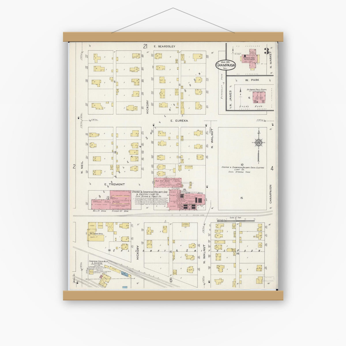 Old map wall art mockup — magnetic wood frame on white wall — Sanborn Fire Insurance Map from Champaign, Champaign County, Illinois (1915), Sheet #0003