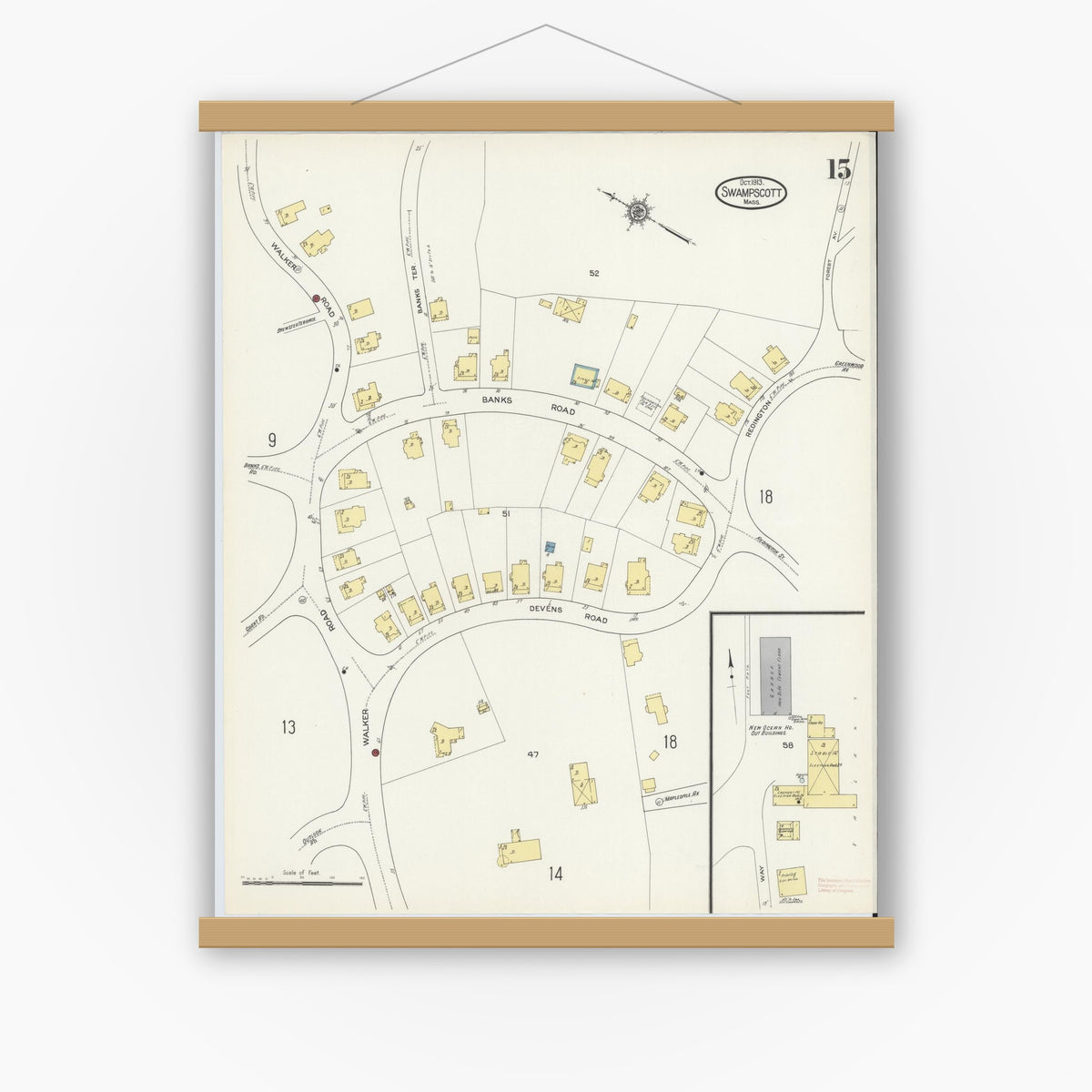 Old map wall art mockup — magnetic wood frame on white wall — Sanborn Fire Insurance Map from Swampscott, Essex County, Massachusetts (1913), Sheet #0015
