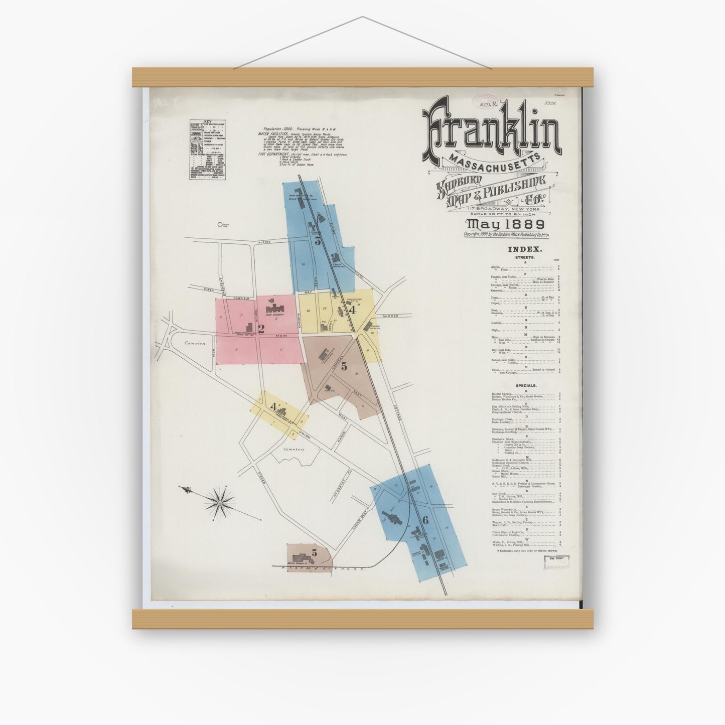 Old map wall art mockup — magnetic wood frame on white wall — Sanborn Fire Insurance Map from Franklin, Norfolk County, Massachusetts (1889) - Complete Map Set