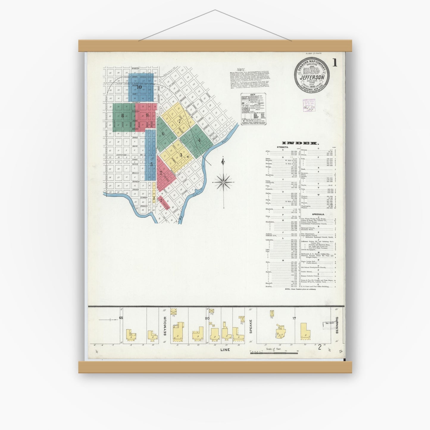 Old map wall art mockup — magnetic wood frame on white wall — Sanborn Fire Insurance Map from Jefferson, Marion County, Texas (1906), Sheet #0001