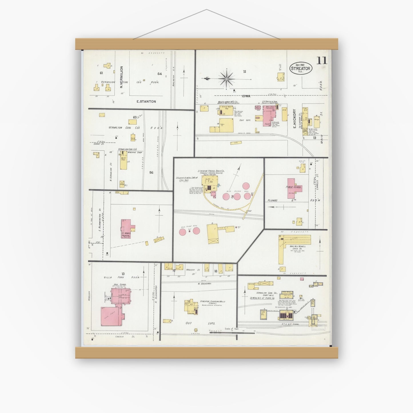 Old map wall art mockup — magnetic wood frame on white wall — Sanborn Fire Insurance Map from Streator, La Salle County, Illinois (1901), Sheet #0011