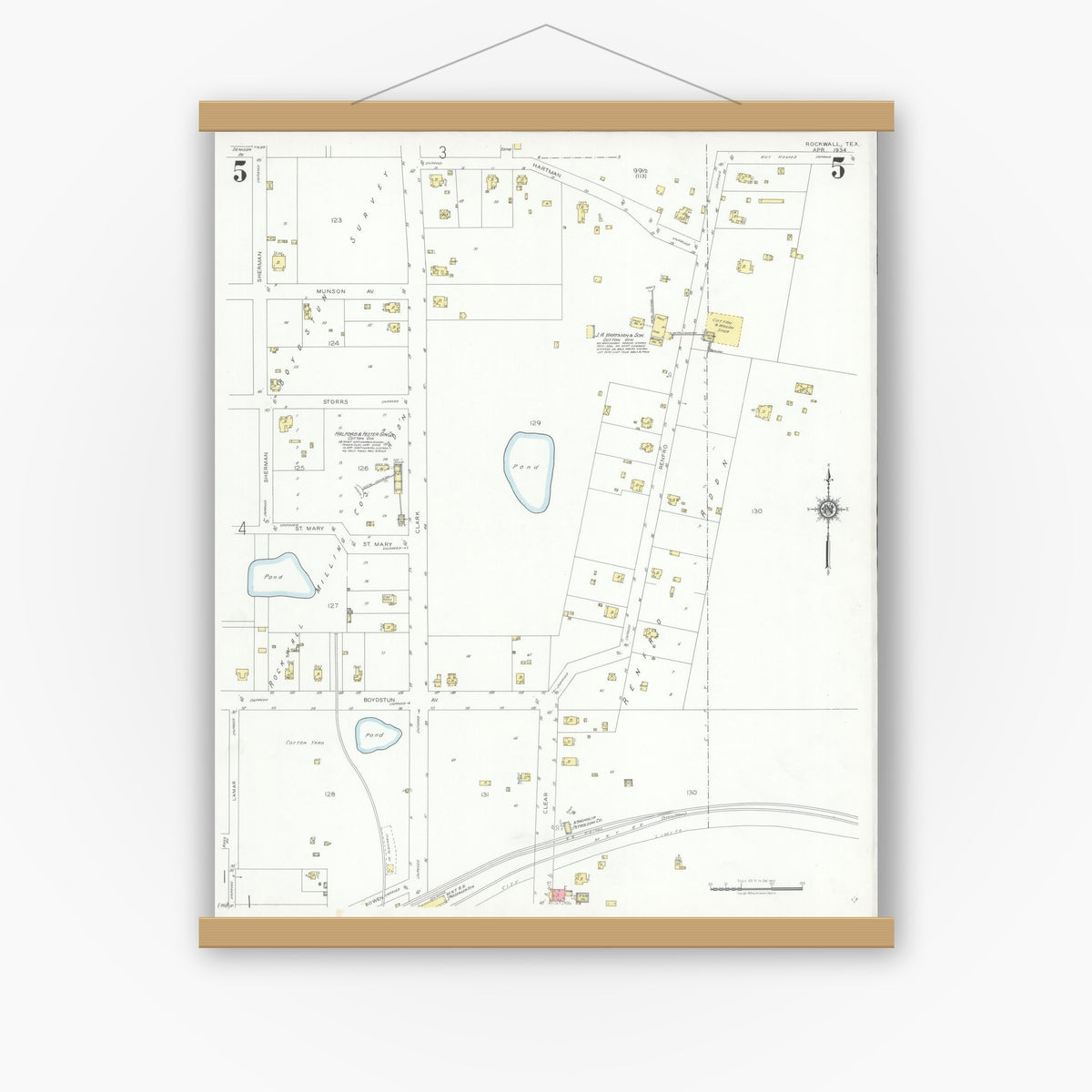 Old map wall art mockup — magnetic wood frame on white wall — Sanborn Fire Insurance Map from Rockwall, Rockwall County, Texas (1934), Sheet #0005
