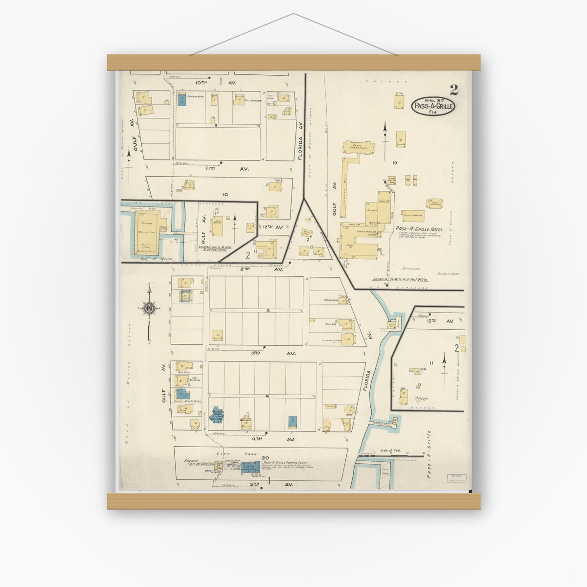 Old map wall art mockup — magnetic wood frame on white wall — Sanborn Fire Insurance Map from Pass-a-Grille, Pinellas County, Florida (1917), Sheet #0002