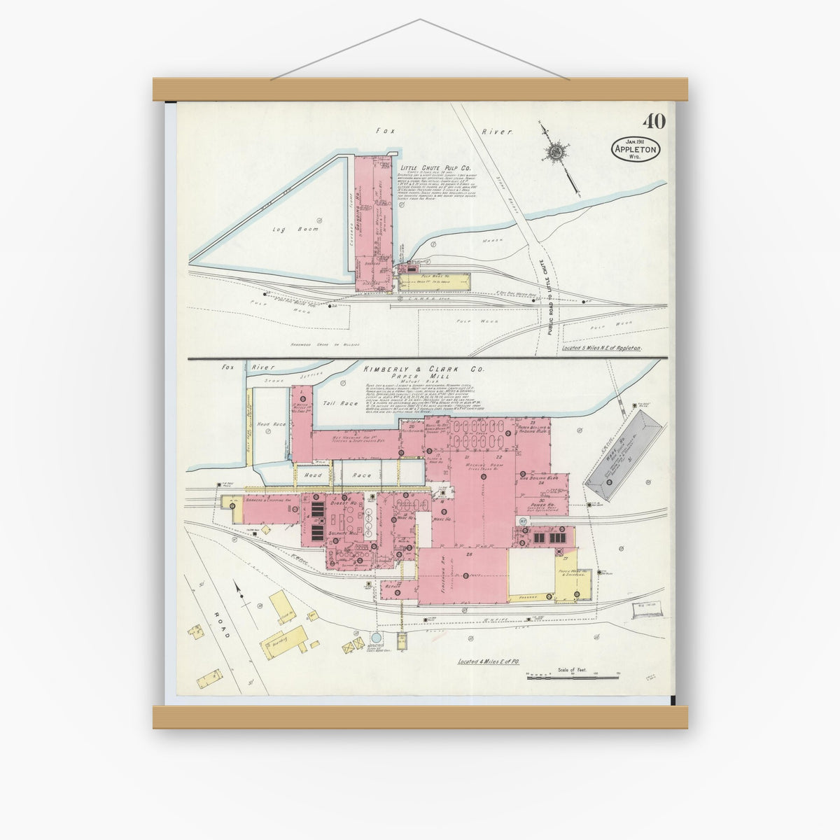 Old map wall art mockup — magnetic wood frame on white wall — Sanborn Fire Insurance Map from Appleton, Outagamie County, Wisconsin (1911), Sheet #0040