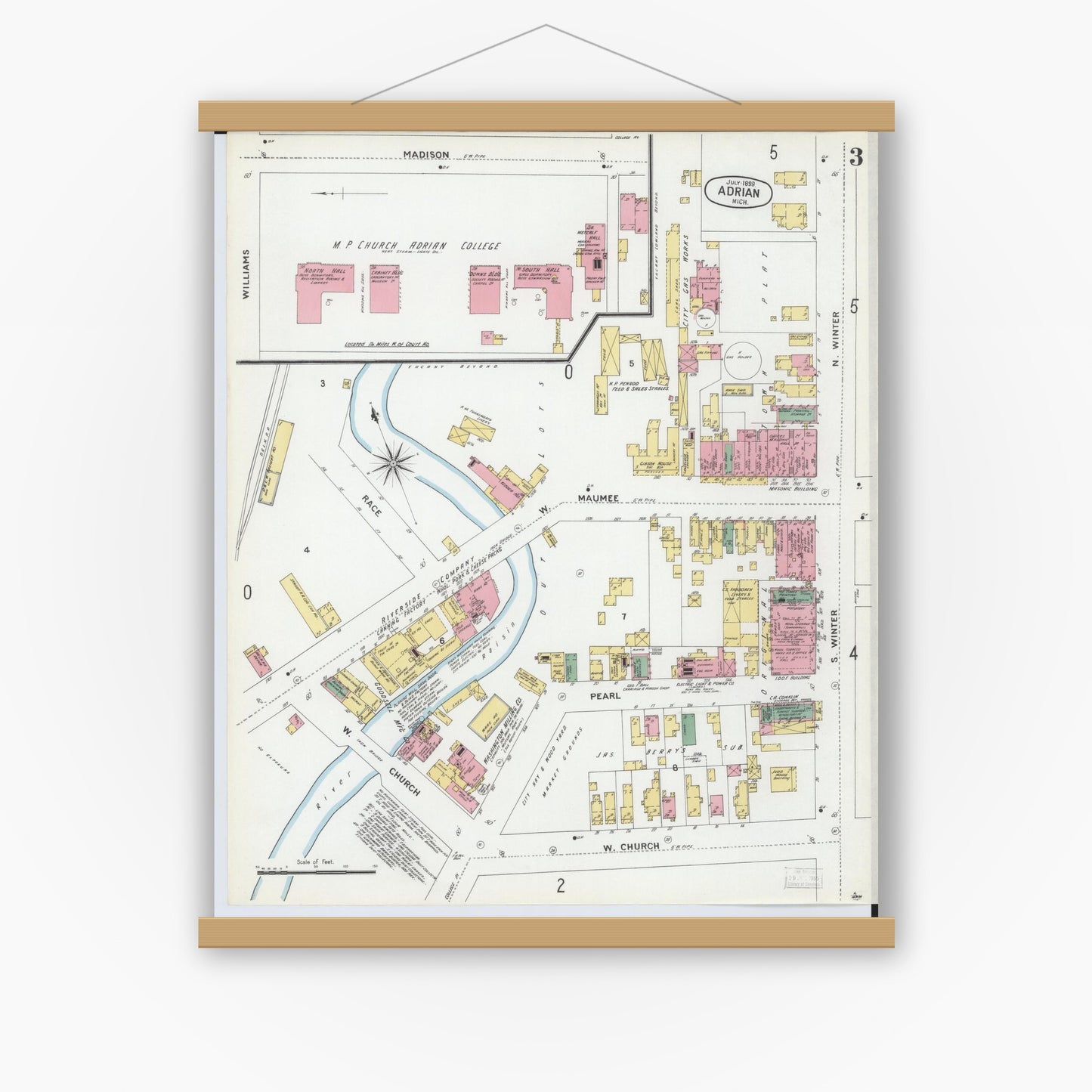 Old map wall art mockup — magnetic wood frame on white wall — Sanborn Fire Insurance Map from Adrian, Lenawee County, Michigan (1899), Sheet #0003