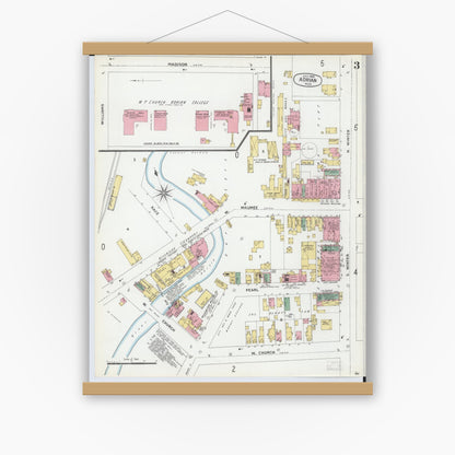 Old map wall art mockup — magnetic wood frame on white wall — Sanborn Fire Insurance Map from Adrian, Lenawee County, Michigan (1899), Sheet #0003
