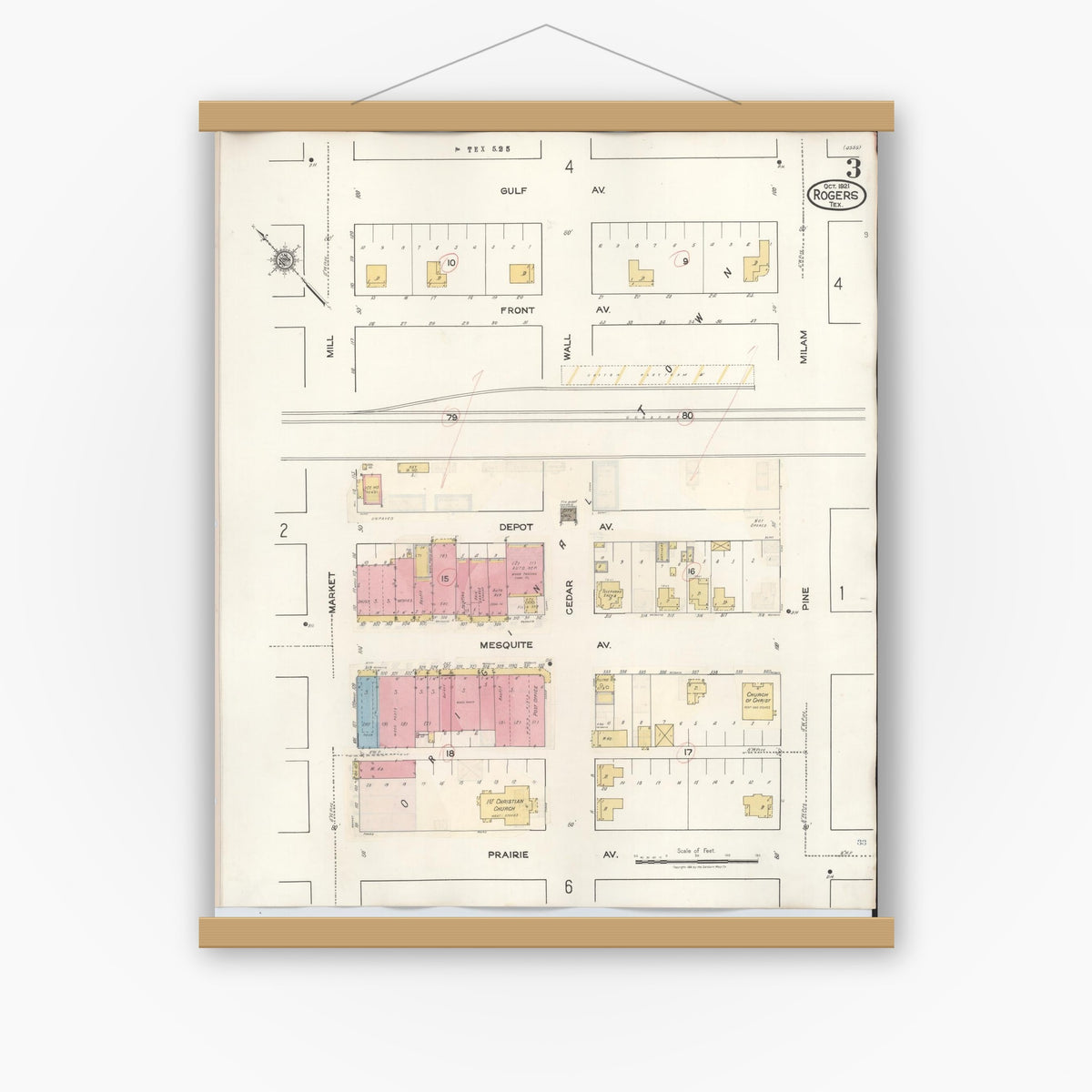 Old map wall art mockup — magnetic wood frame on white wall — Sanborn Fire Insurance Map from Rogers, Bell County, Texas (1944), Sheet #0003