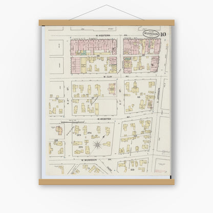 Old map wall art mockup — magnetic wood frame on white wall — Sanborn Fire Insurance Map from Muskegon, Muskegon County, Michigan (1887), Sheet #0010