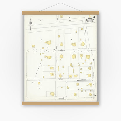 Old map wall art mockup — magnetic wood frame on white wall — Sanborn Fire Insurance Map from Commerce, Hunt County, Texas (1911), Sheet #0002