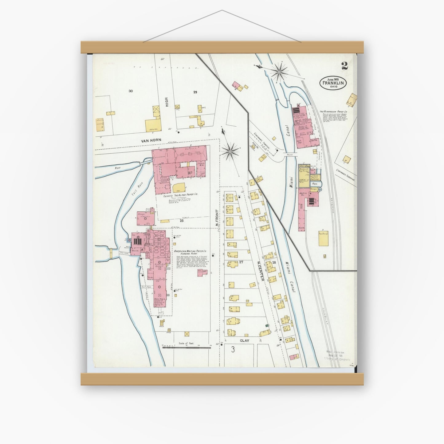 Old map wall art mockup — magnetic wood frame on white wall — Sanborn Fire Insurance Map from Franklin, Warren County, Ohio (1905), Sheet #0002