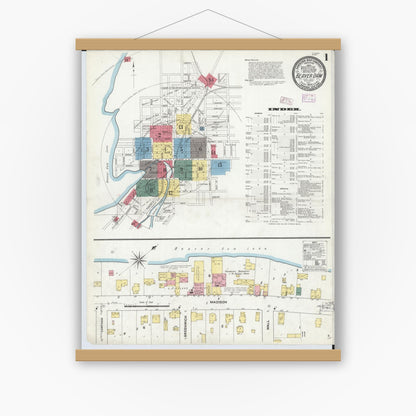 Old map wall art mockup — magnetic wood frame on white wall — Sanborn Fire Insurance Map from Beaver Dam, Dodge County, Wisconsin (1909) - Complete Map Set