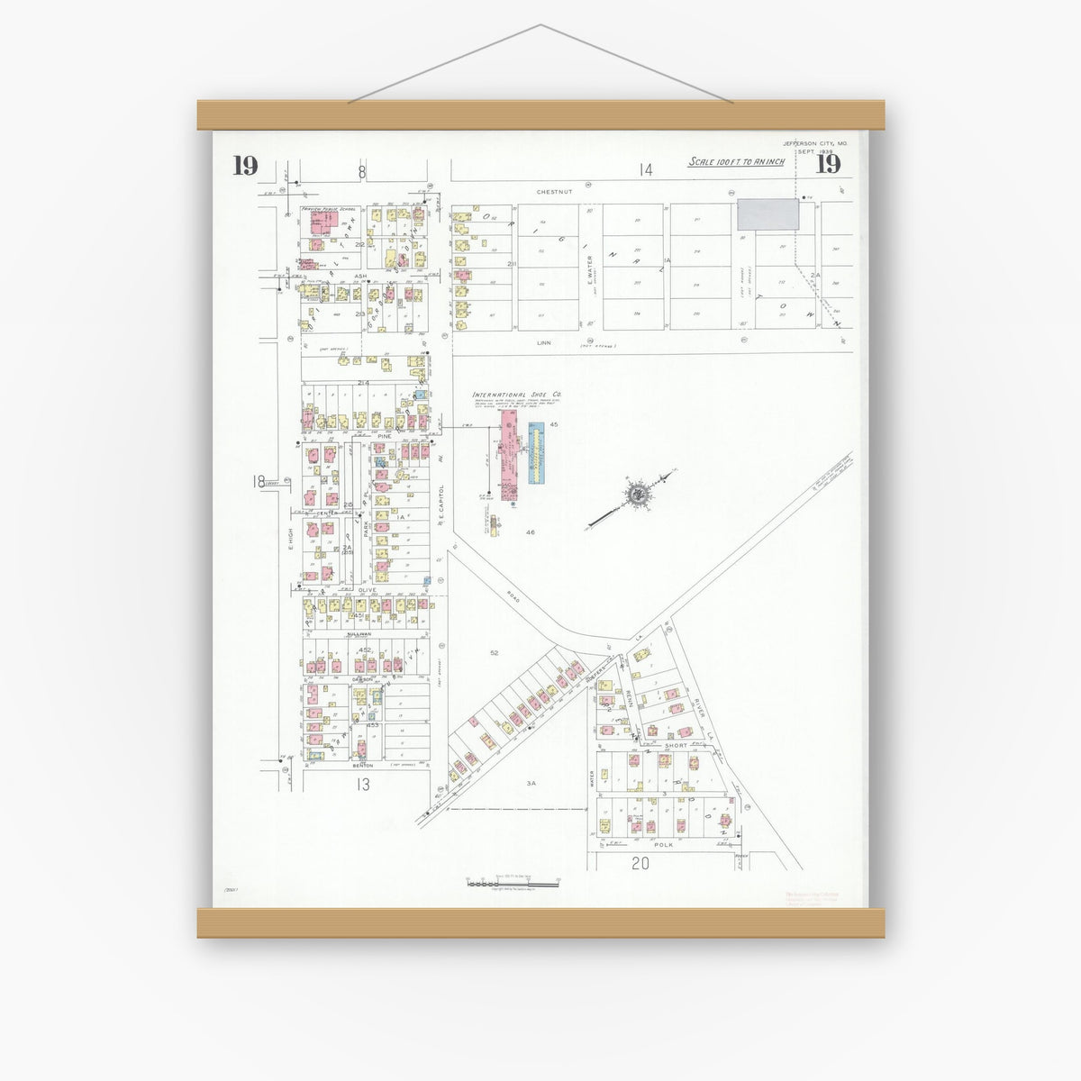 Old map wall art mockup — magnetic wood frame on white wall — Sanborn Fire Insurance Map from Jefferson City, Cole County, Missouri (1939), Sheet #0019