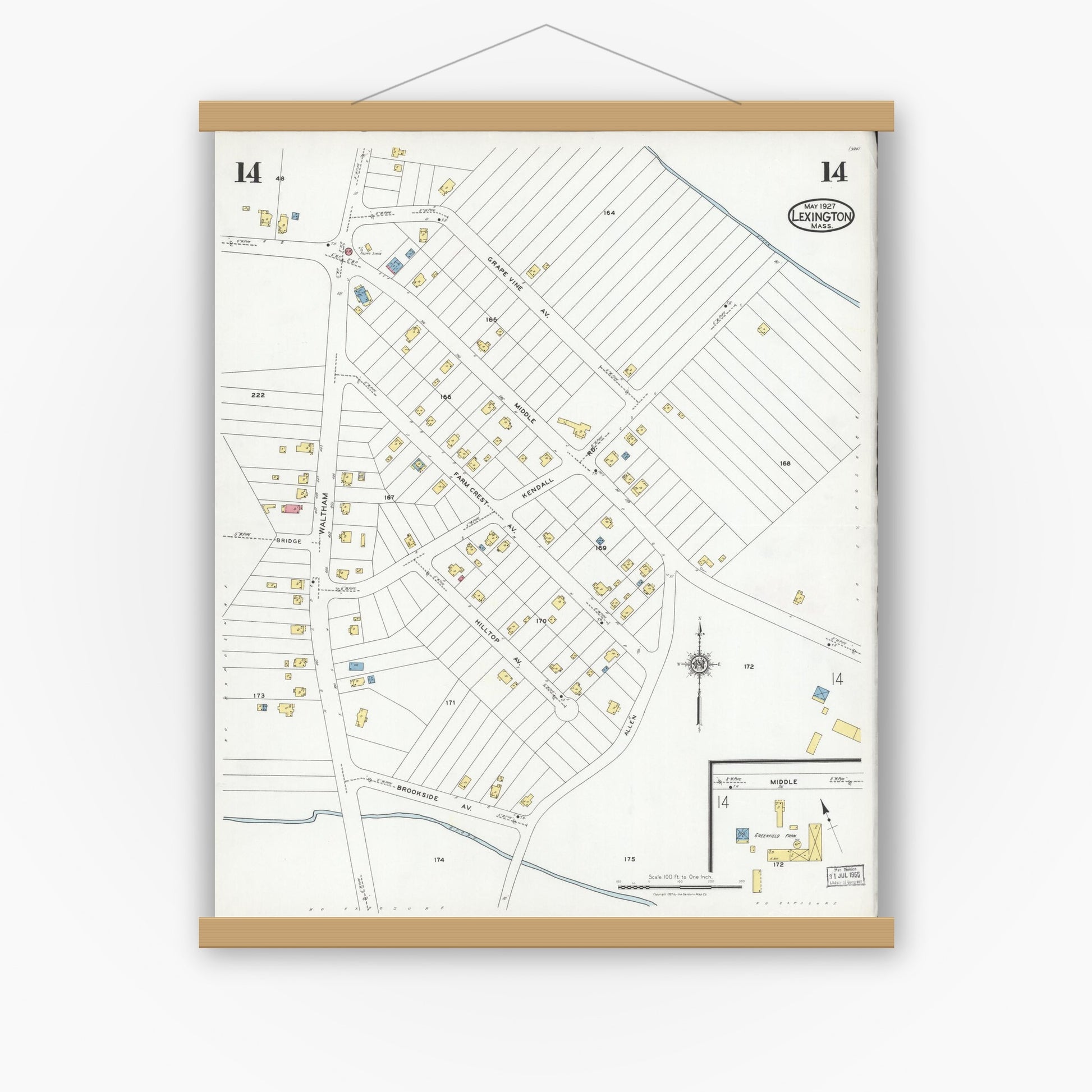 Old map wall art mockup — magnetic wood frame on white wall — Sanborn Fire Insurance Map from Lexington, Middlesex County, Massachusetts (1927), Sheet #0014