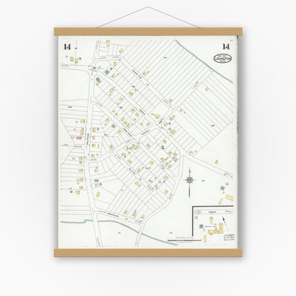 Old map wall art mockup — magnetic wood frame on white wall — Sanborn Fire Insurance Map from Lexington, Middlesex County, Massachusetts (1927), Sheet #0014
