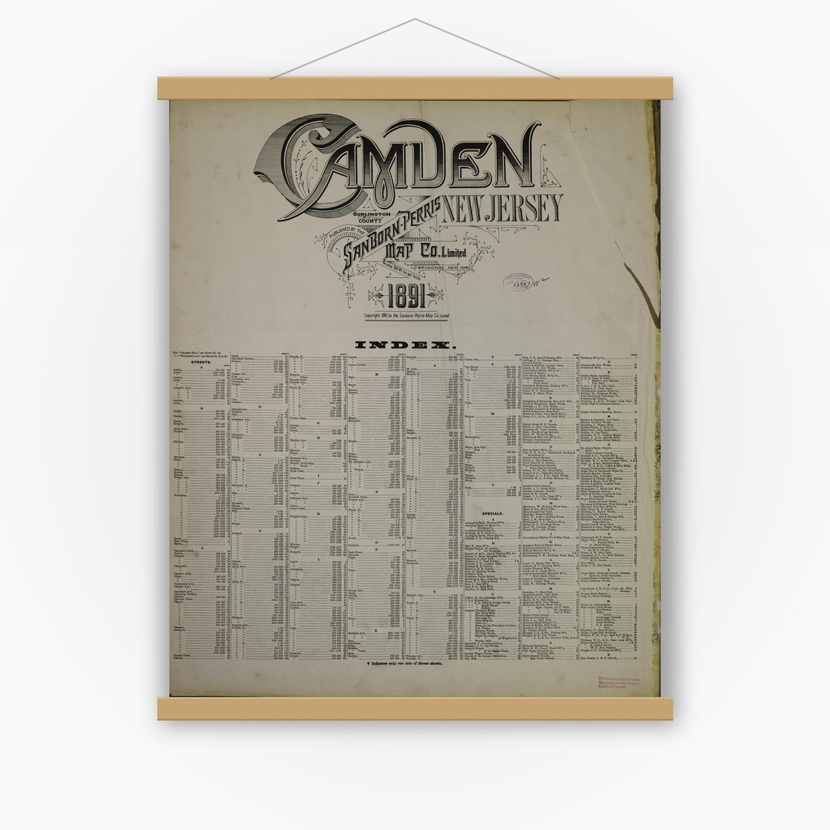 Old map wall art mockup — magnetic wood frame on white wall — Sanborn Fire Insurance Map from Camden, Camden County, New Jersey (1891), Sheet #0001