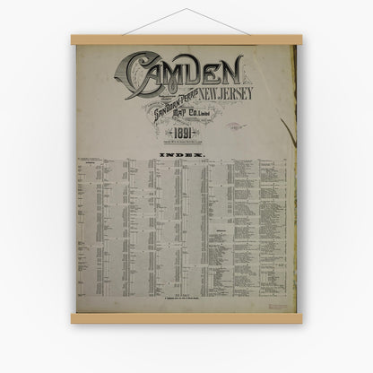 Old map wall art mockup — magnetic wood frame on white wall — Sanborn Fire Insurance Map from Camden, Camden County, New Jersey (1891), Sheet #0001