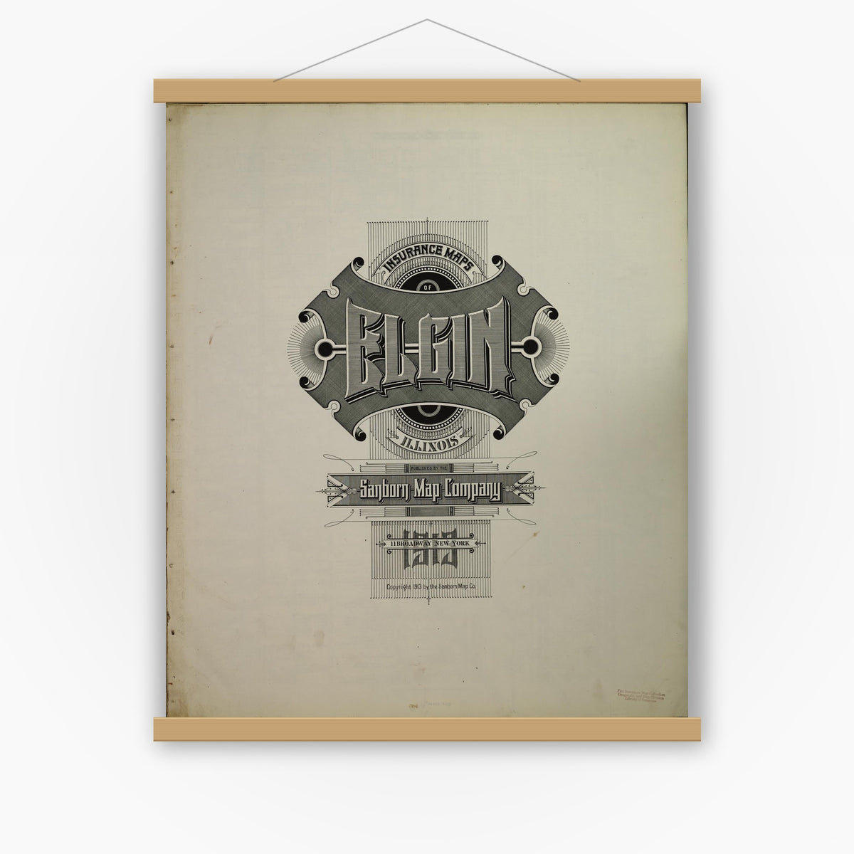 Old map wall art mockup — magnetic wood frame on white wall — Sanborn Fire Insurance Map from Elgin, Kane County, Illinois (1913), Sheet #0001