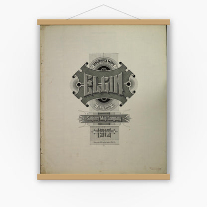 Old map wall art mockup — magnetic wood frame on white wall — Sanborn Fire Insurance Map from Elgin, Kane County, Illinois (1913), Sheet #0001