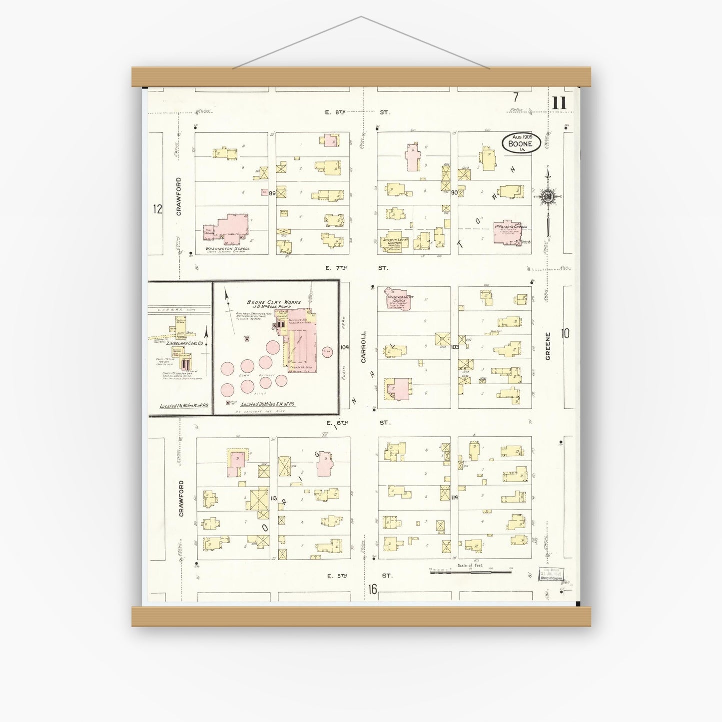 Old map wall art mockup — magnetic wood frame on white wall — Sanborn Fire Insurance Map from Boone, Boone County, Iowa (1909), Sheet #0011