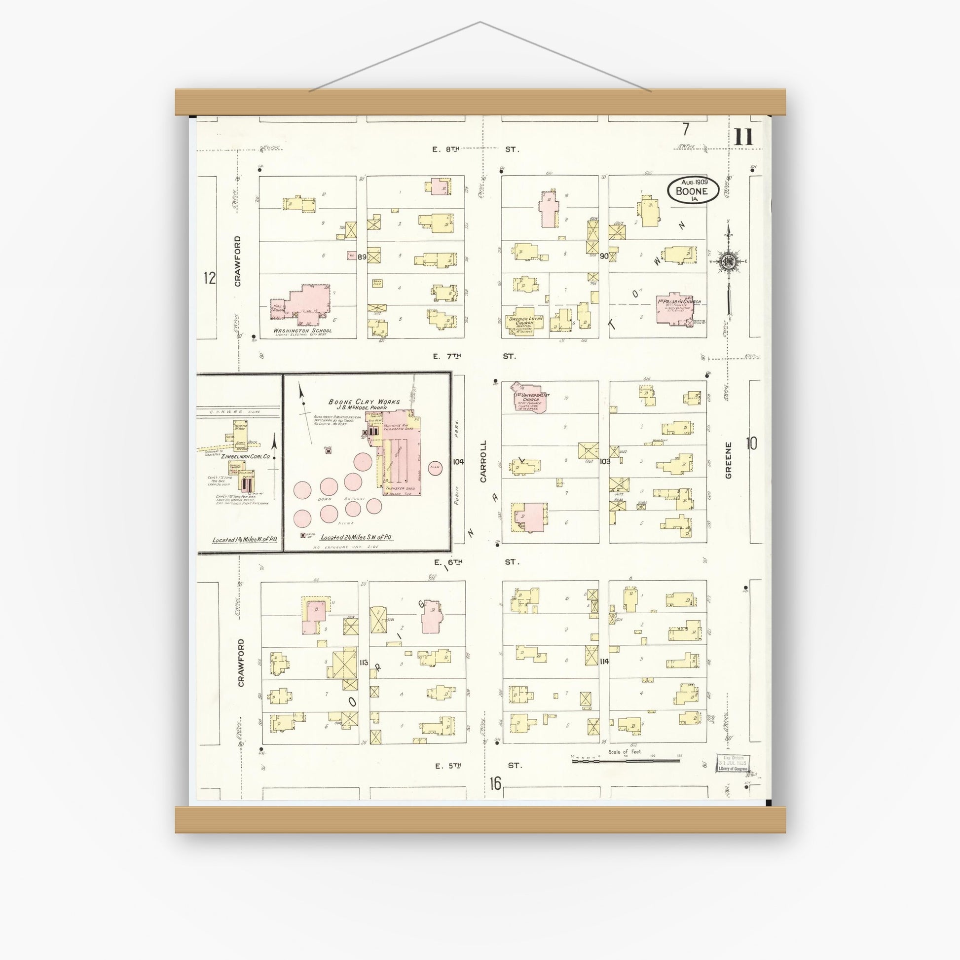 Old map wall art mockup — magnetic wood frame on white wall — Sanborn Fire Insurance Map from Boone, Boone County, Iowa (1909), Sheet #0011