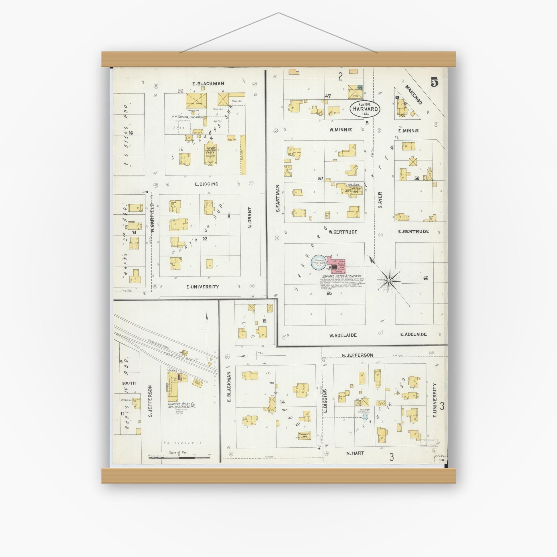 Old map wall art mockup — magnetic wood frame on white wall — Sanborn Fire Insurance Map from Harvard, McHenry County, Illinois (1902), Sheet #0005