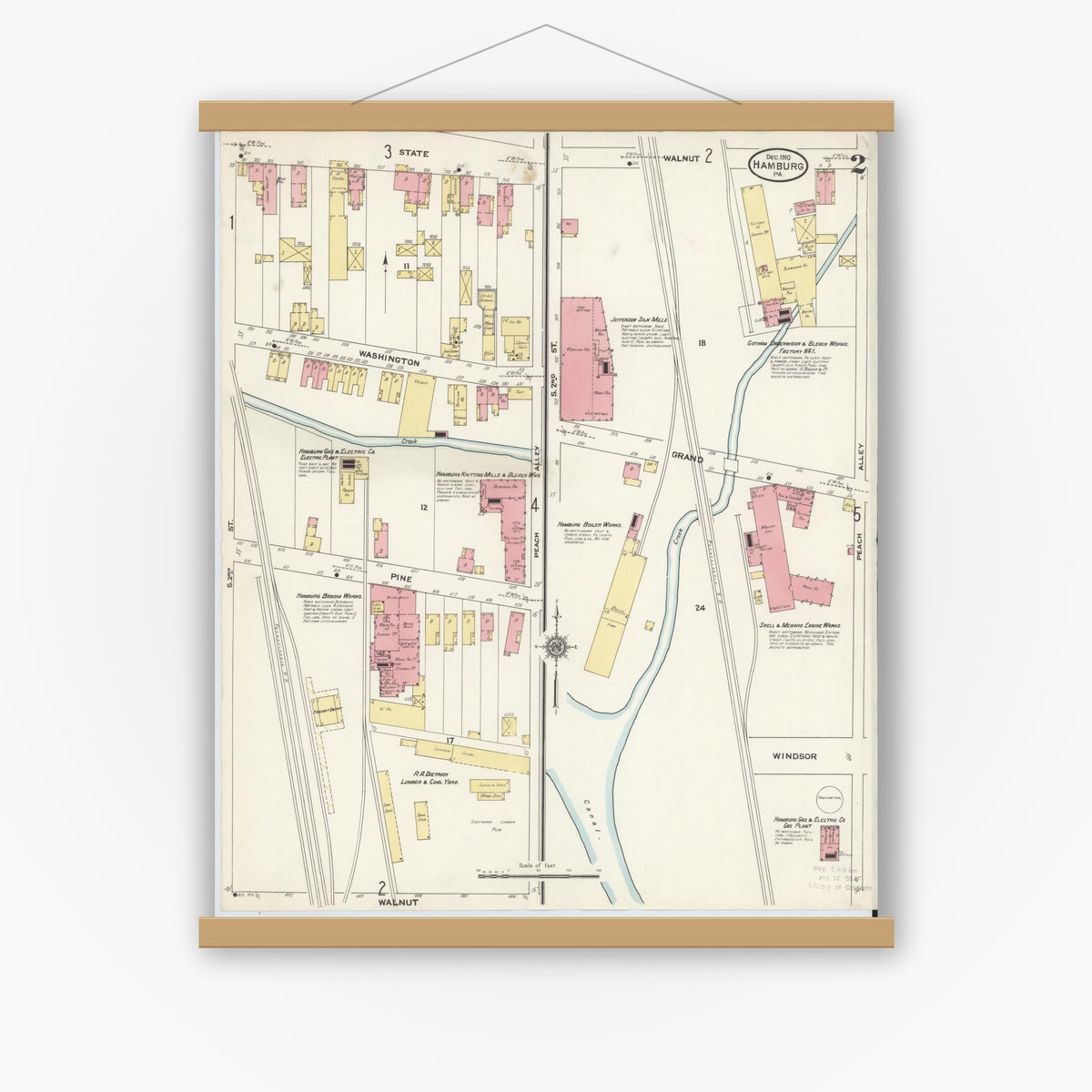 Old map wall art mockup — magnetic wood frame on white wall — Sanborn Fire Insurance Map from Hamburg, Berks County, Pennsylvania (1910), Sheet #0002