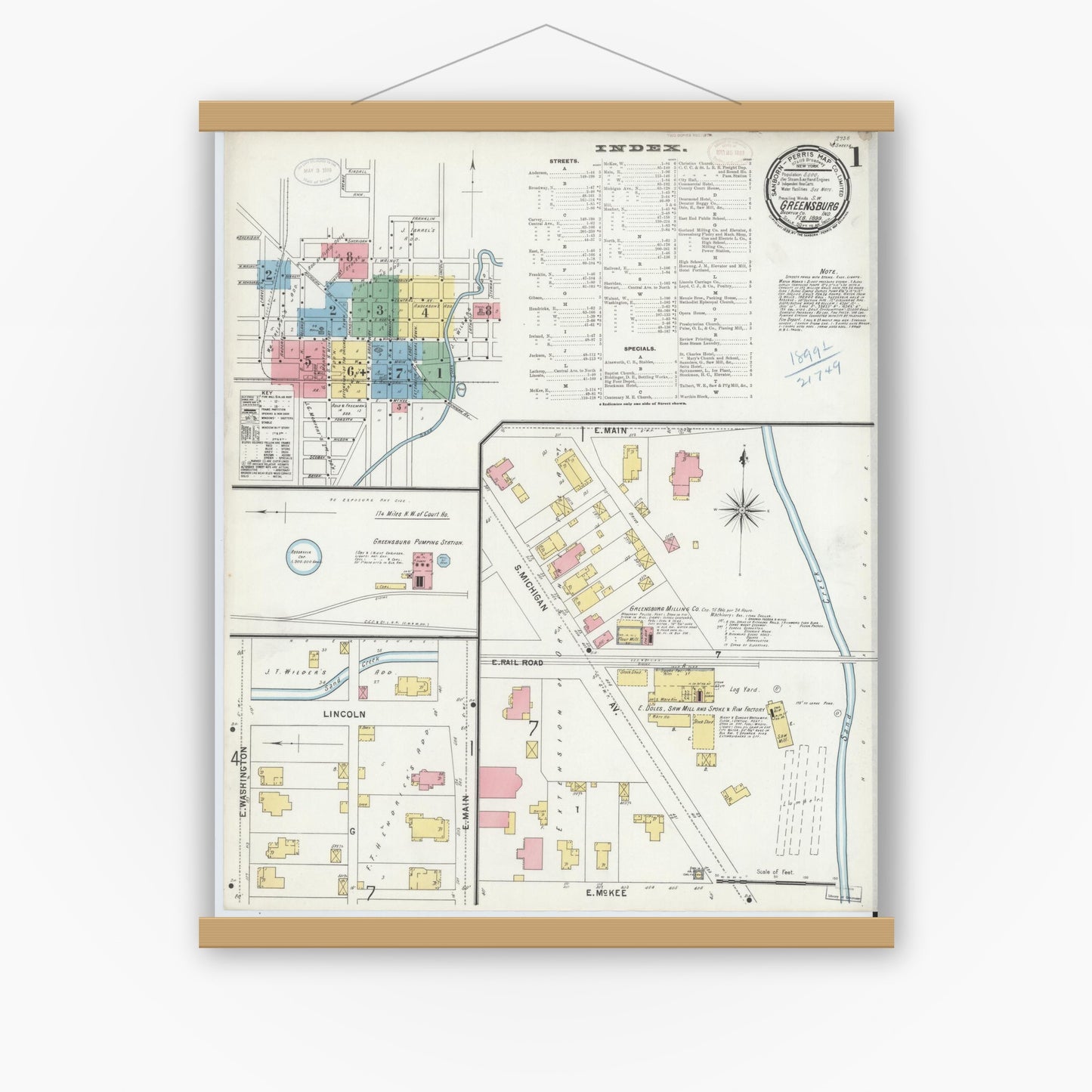 Old map wall art mockup — magnetic wood frame on white wall — Sanborn Fire Insurance Map from Greensburg, Decatur County, Indiana (1899) - Complete Map Set