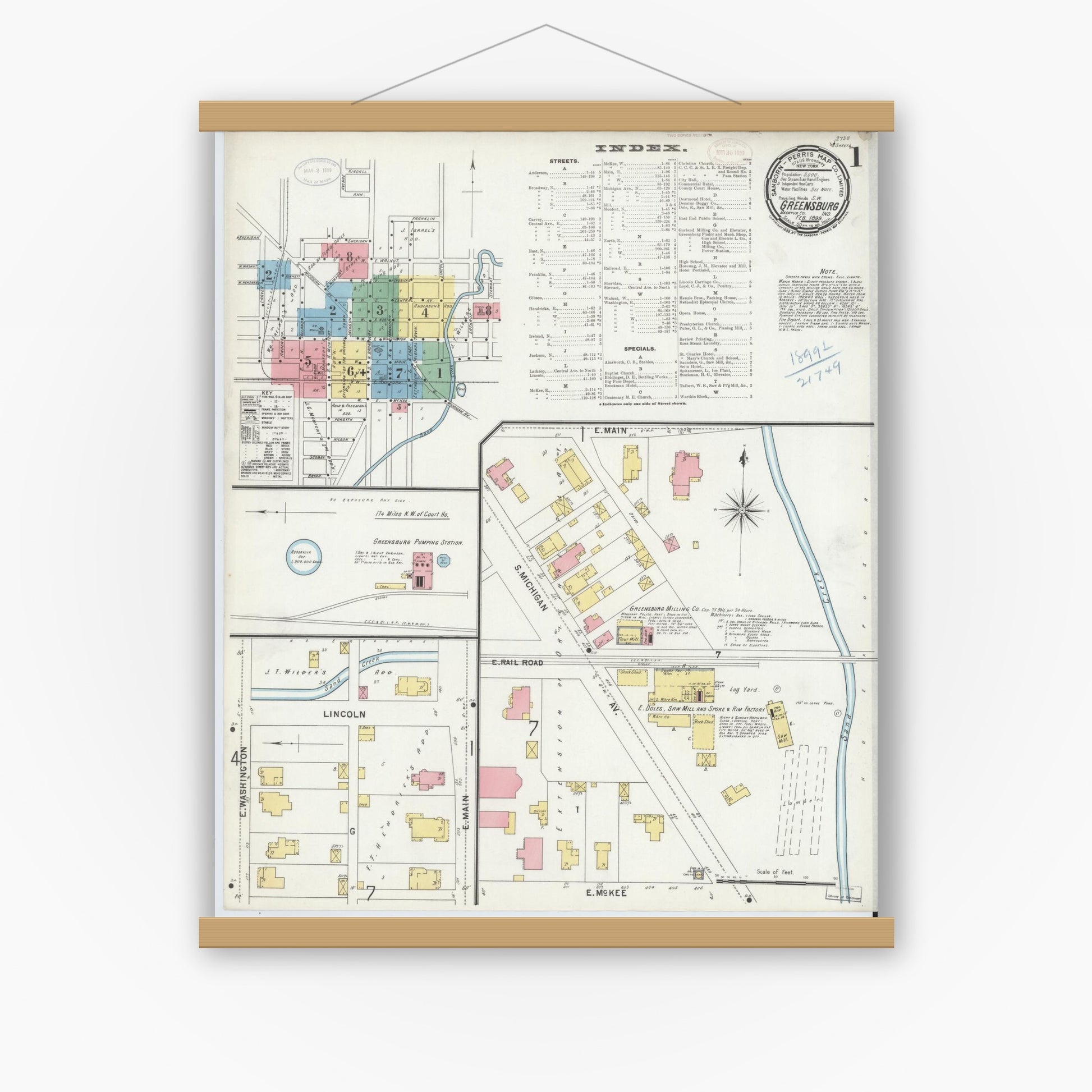 Old map wall art mockup — magnetic wood frame on white wall — Sanborn Fire Insurance Map from Greensburg, Decatur County, Indiana (1899) - Complete Map Set