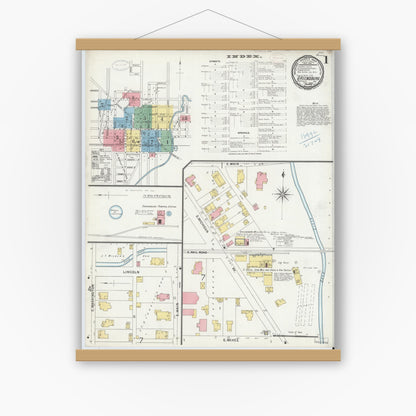 Old map wall art mockup — magnetic wood frame on white wall — Sanborn Fire Insurance Map from Greensburg, Decatur County, Indiana (1899) - Complete Map Set