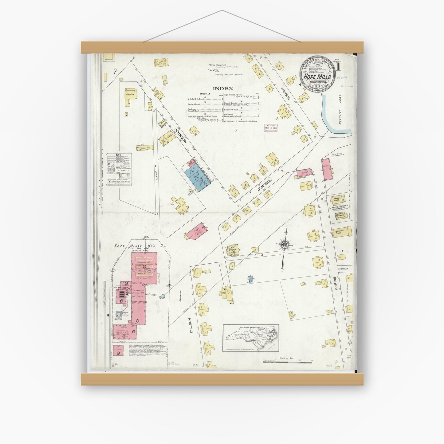 Old map wall art mockup — magnetic wood frame on white wall — Sanborn Fire Insurance Map from Hope Mills, Cumberland County, North Carolina (1914) - Complete Map Set