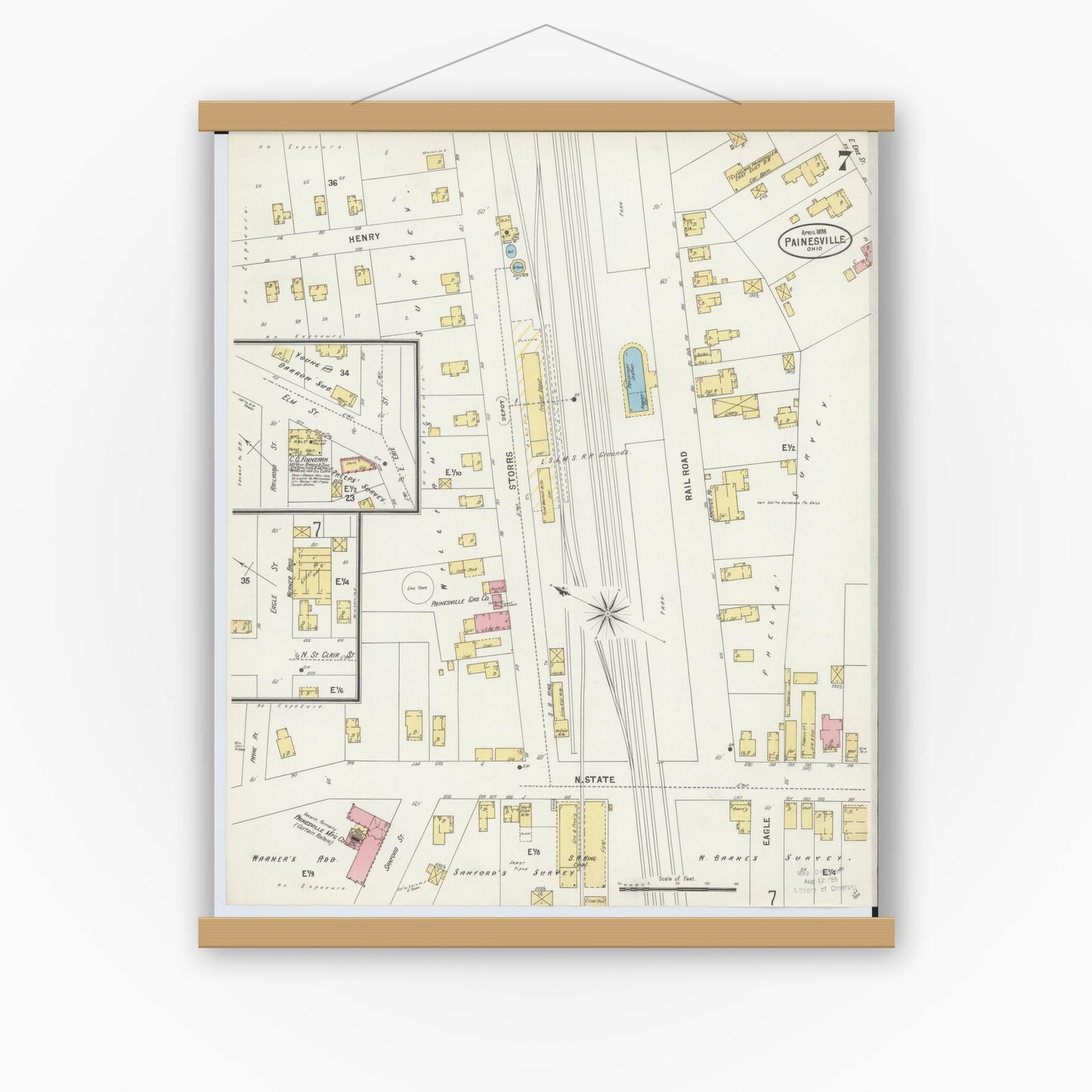 Old map wall art mockup — magnetic wood frame on white wall — Sanborn Fire Insurance Map from Painesville, Lake County, Ohio (1898), Sheet #0007