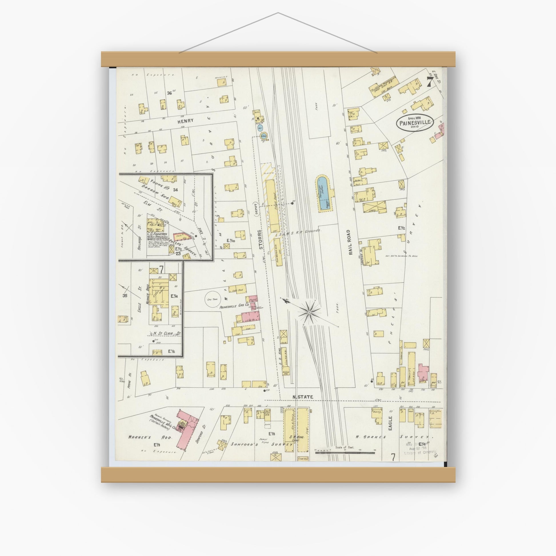 Old map wall art mockup — magnetic wood frame on white wall — Sanborn Fire Insurance Map from Painesville, Lake County, Ohio (1898), Sheet #0007