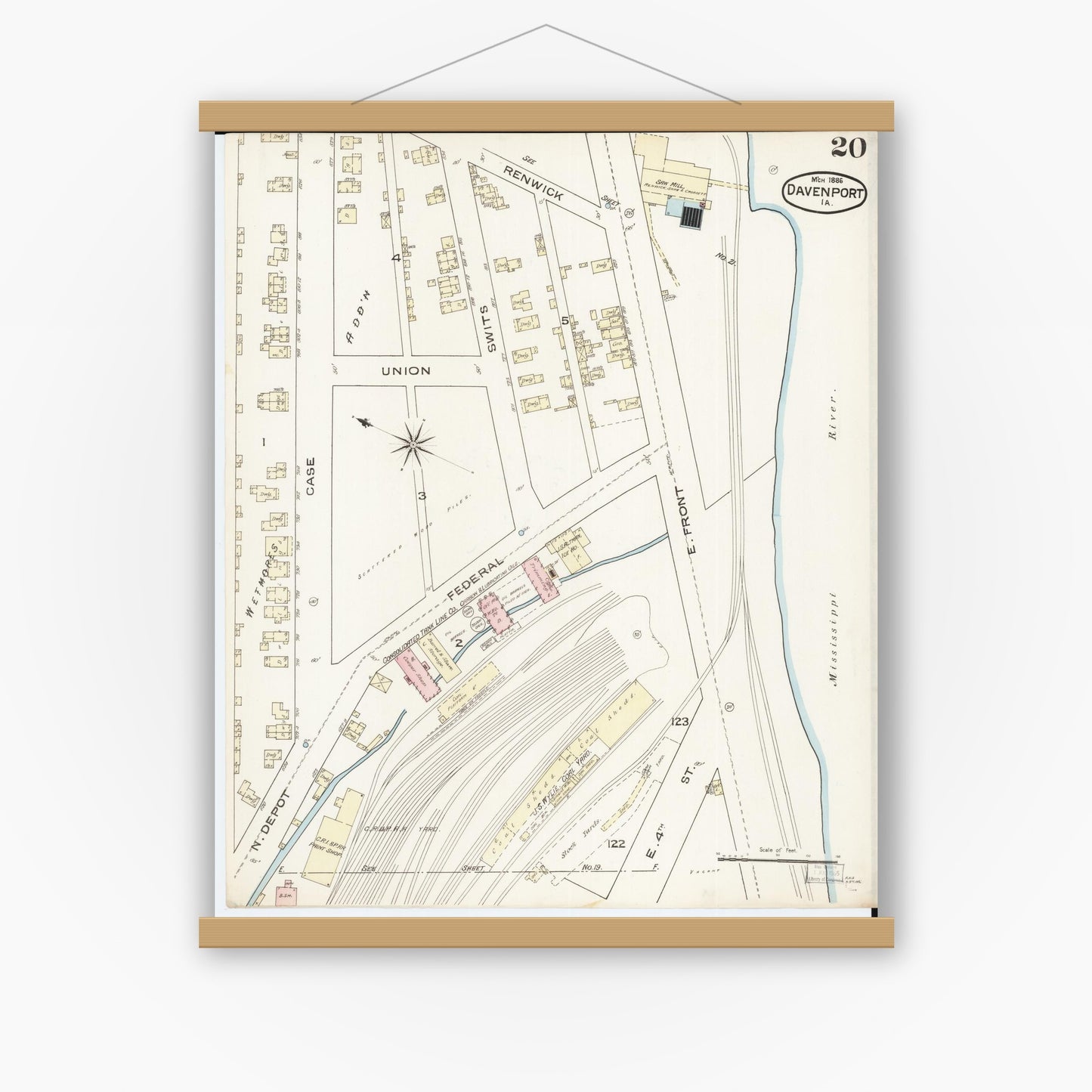 Old map wall art mockup — magnetic wood frame on white wall — Sanborn Fire Insurance Map from Davenport, Scott County, Iowa (1886), Sheet #0020