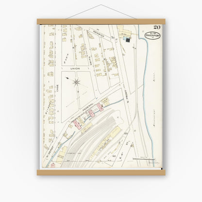 Old map wall art mockup — magnetic wood frame on white wall — Sanborn Fire Insurance Map from Davenport, Scott County, Iowa (1886), Sheet #0020