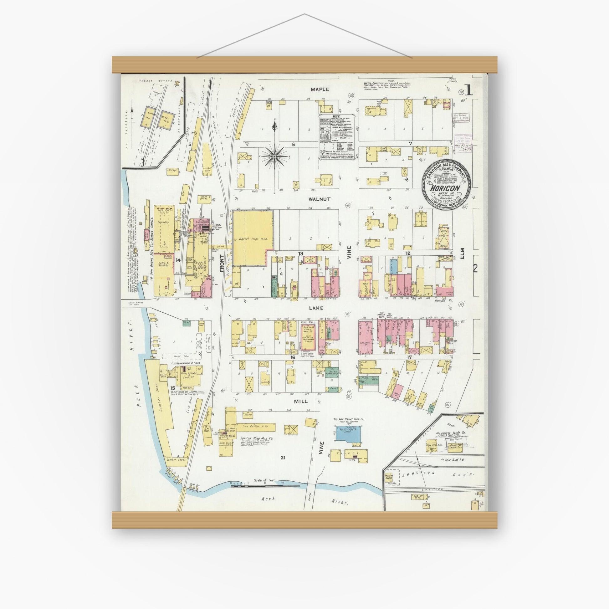 Old map wall art mockup — magnetic wood frame on white wall — Sanborn Fire Insurance Map from Horicon, Dodge County, Wisconsin (1904) - Complete Map Set