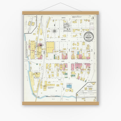 Old map wall art mockup — magnetic wood frame on white wall — Sanborn Fire Insurance Map from Horicon, Dodge County, Wisconsin (1904) - Complete Map Set