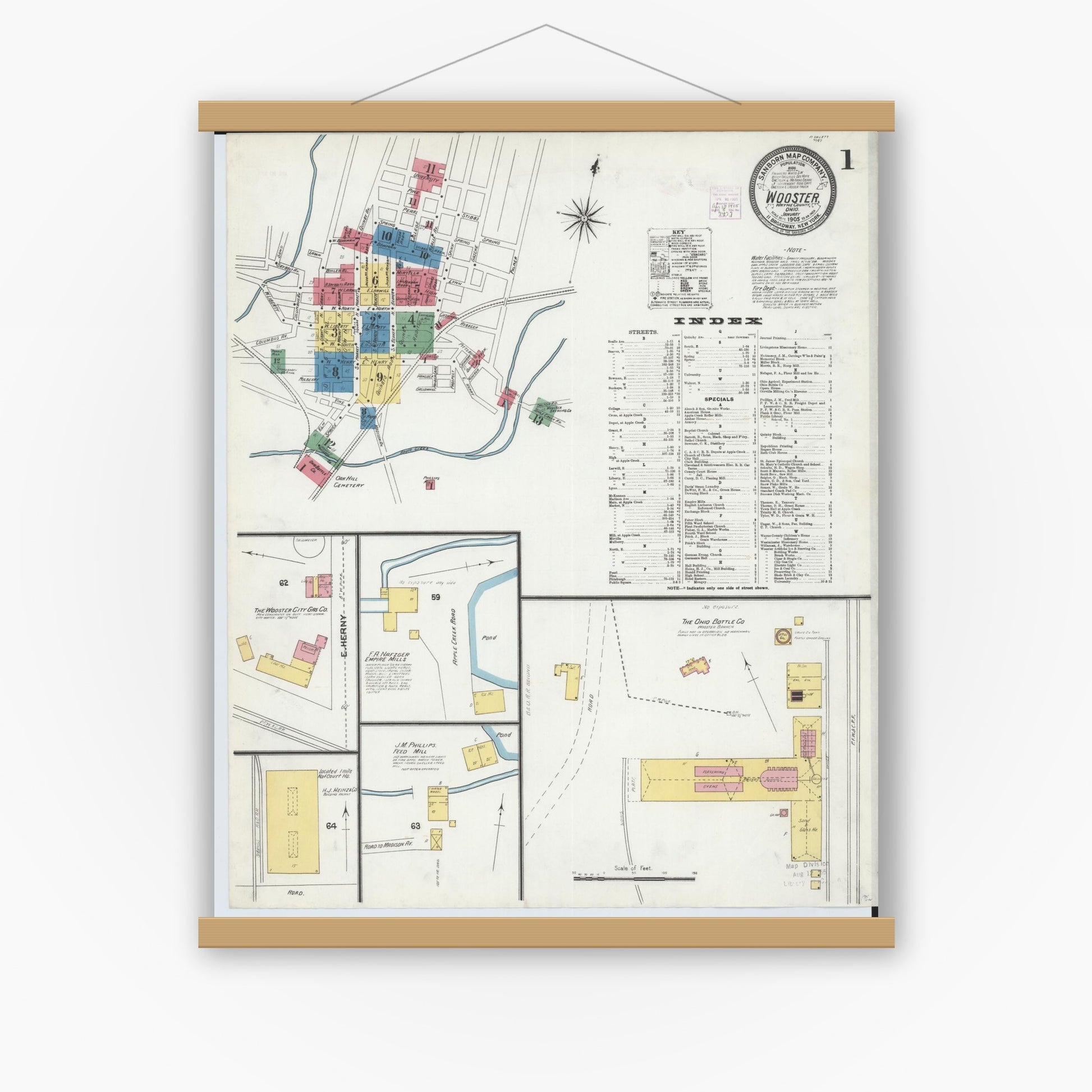 Old map wall art mockup — magnetic wood frame on white wall — Sanborn Fire Insurance Map from Wooster, Wayne County, Ohio (1905), Sheet #0001