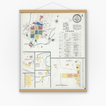 Old map wall art mockup — magnetic wood frame on white wall — Sanborn Fire Insurance Map from Wooster, Wayne County, Ohio (1905), Sheet #0001